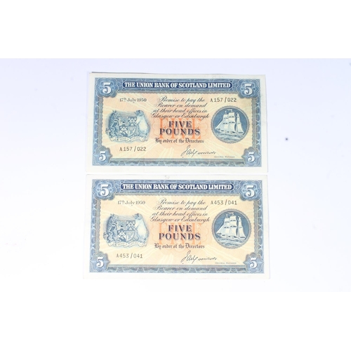 1535 - THE UNION BANK OF SCOTLAND LIMITED, two £5 five pound banknotes 17th July 1950, A157/022 and A... 