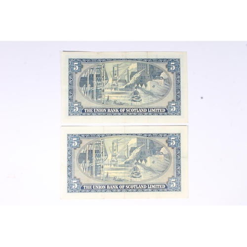 1535 - THE UNION BANK OF SCOTLAND LIMITED, two £5 five pound banknotes 17th July 1950, A157/022 and A... 