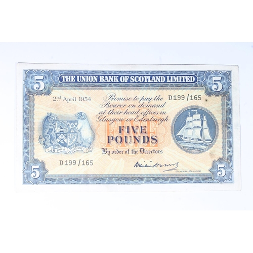 1536 - THE UNION BANK OF SCOTLAND LIMITED, £5 five pound banknote 2nd April 1954 D199/165, William Wa... 