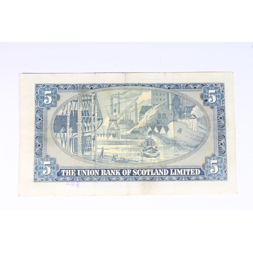 1536 - THE UNION BANK OF SCOTLAND LIMITED, £5 five pound banknote 2nd April 1954 D199/165, William Wa... 