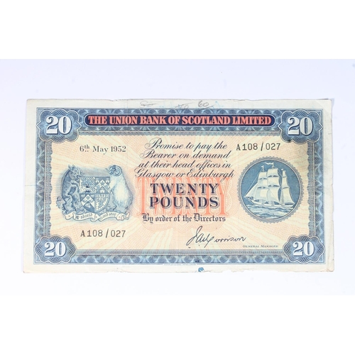 1537 - THE UNION BANK OF SCOTLAND LIMITED, £20 twenty pound banknote 6th May 1952, A108/027, Morrison... 