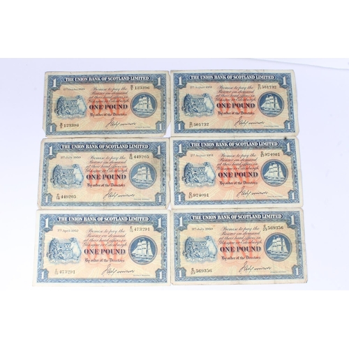 1538 - THE UNION BANK OF SCOTLAND LIMITED, six £1 one pound banknotes 1949, 1950 x2, 1951 x2 and 1952... 