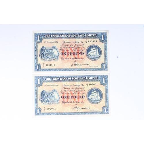 1539 - THE UNION BANK OF SCOTLAND LIMITED, two £1 one pound banknotes 8th December 1952, Morrison, gE... 