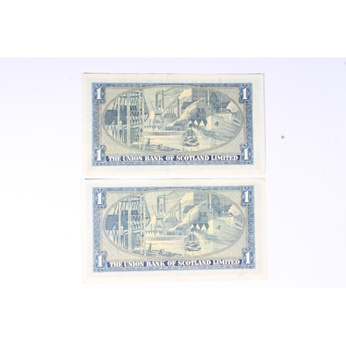 1539 - THE UNION BANK OF SCOTLAND LIMITED, two £1 one pound banknotes 8th December 1952, Morrison, gE... 