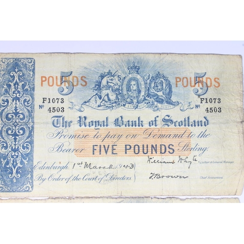 1541 - THE ROYAL BANK OF SCOTLAND, two £5 five pound banknotes, 1st March 1943, F1073/4503 and F486/7... 