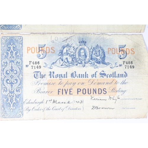 1541 - THE ROYAL BANK OF SCOTLAND, two £5 five pound banknotes, 1st March 1943, F1073/4503 and F486/7... 