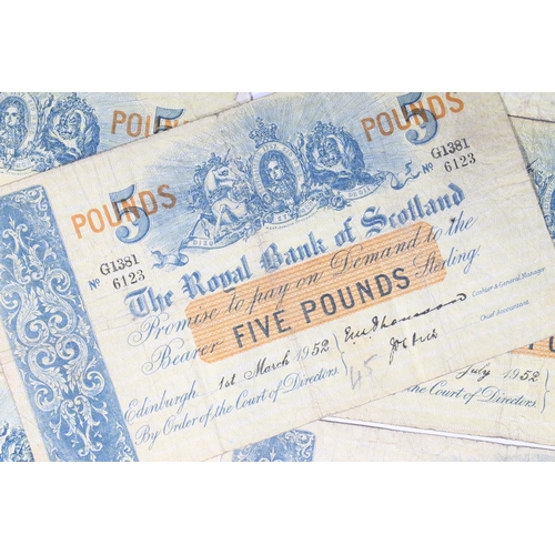 1543 - THE ROYAL BANK OF SCOTLAND, seven £5 five pound banknotes, 1st July 1952 x5 and 1st March 1952... 