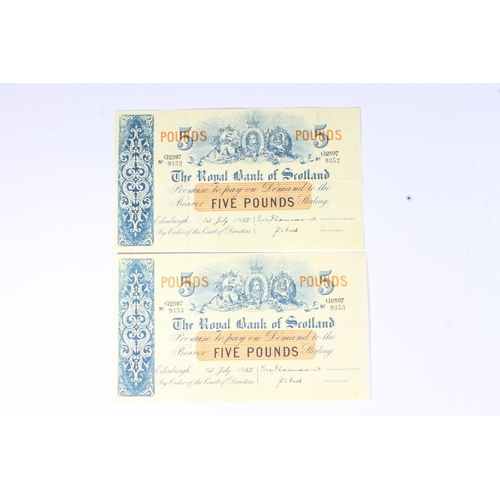 1544 - THE ROYAL BANK OF SCOTLAND, a consecutive pair of £5 five pound banknotes, 1st July 1952, G2597/9352... 