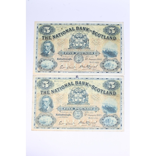 1549 - THE NATIONAL BANK OF SCOTLAND LIMITED, two £5 five pound banknotes, 11th January 1943, B677-83... 