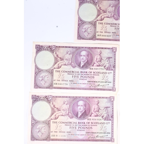 1557 - THE COMMERCIAL BANK OF SCOTLAND LIMITED, eight £5 five pound banknotes, 3rd January 1952, Ersk... 