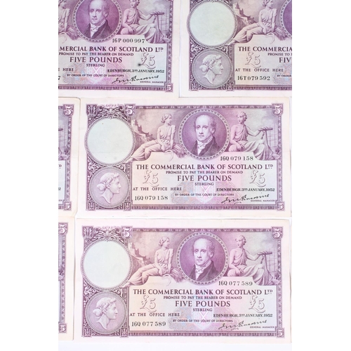 1557 - THE COMMERCIAL BANK OF SCOTLAND LIMITED, eight £5 five pound banknotes, 3rd January 1952, Ersk... 