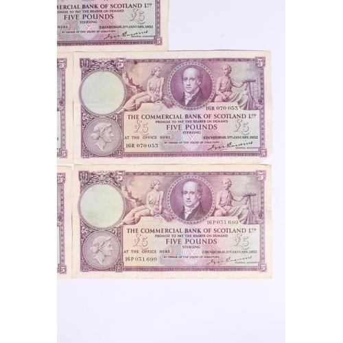 1557 - THE COMMERCIAL BANK OF SCOTLAND LIMITED, eight £5 five pound banknotes, 3rd January 1952, Ersk... 