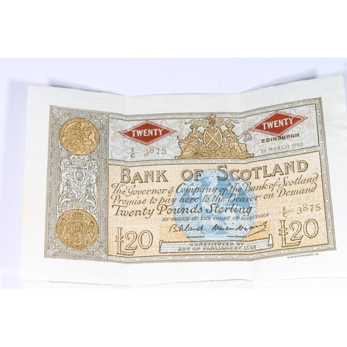 1685 - BANK OF SCOTLAND, a consecutive vertical trio of twenty pound £20 banknotes, 26th March 1958, ... 