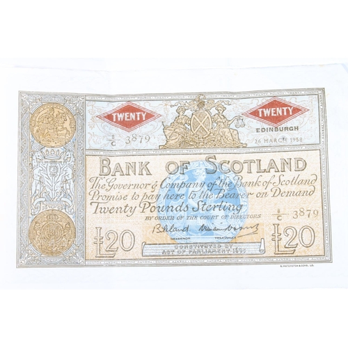 1685 - BANK OF SCOTLAND, a consecutive vertical trio of twenty pound £20 banknotes, 26th March 1958, ... 