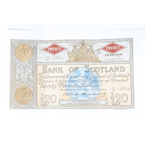 1686 - BANK OF SCOTLAND two twenty pound £20 banknotes, 26th March 1958, Bilsland and Watson, 8/C 385... 