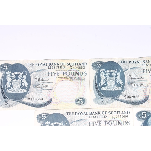 1689 - THE ROYAL BANK OF SCOTLAND LIMITED, four five pound banknotes to include 19th March 1969 x3 SC816a a... 