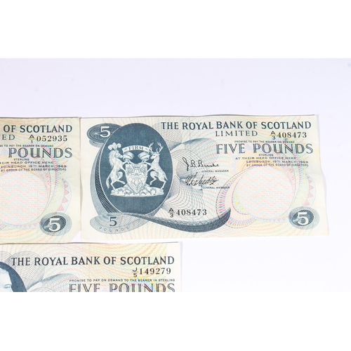 1689 - THE ROYAL BANK OF SCOTLAND LIMITED, four five pound banknotes to include 19th March 1969 x3 SC816a a... 