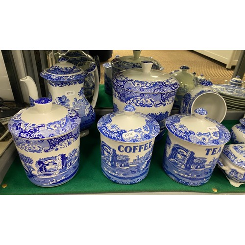 199 - Assortment of  blue and white kitchenware, tea and coffee pots, salts, coffee pot, etc