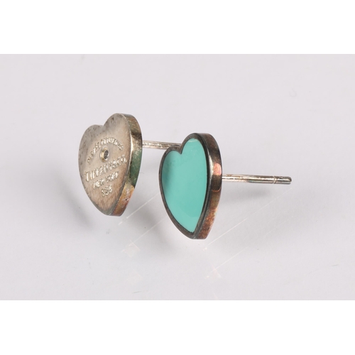 114A - Tiffany & Co. pair of silver heart shaped stud earrings, mismatch design one Tiffany blue enamel... 