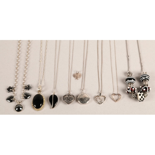 115A - Contemporary silver and white metal necklaces and pendants to include locket, gem set hearts, black ... 