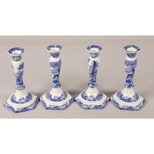 162 - Set of four Spode blue and white candlesticks, 17cm h