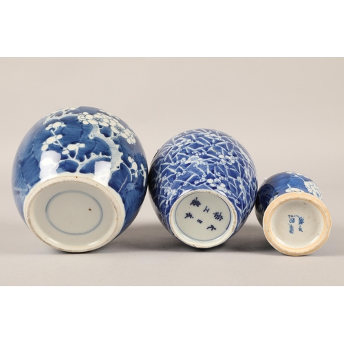 170 - Three Oriental blue and white vases, the largest jar measures 13cm h