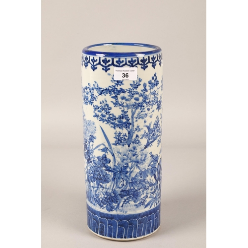 36 - Blue and white cylindrical vase, floral pattern, 34cm h...