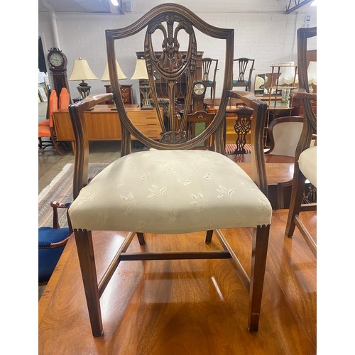 667 - Mahogany dining table on two pedestals with brass claw feet and casters, with six side chairs and tw... 