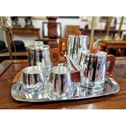 340 - Sona stainless steel mid century five piece tea and coffee set with tray