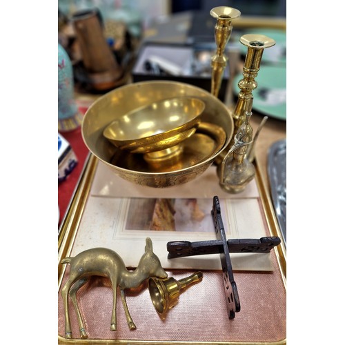 342 - Brassware to include Chinese and Eastern, candlesticks, art prints, etc