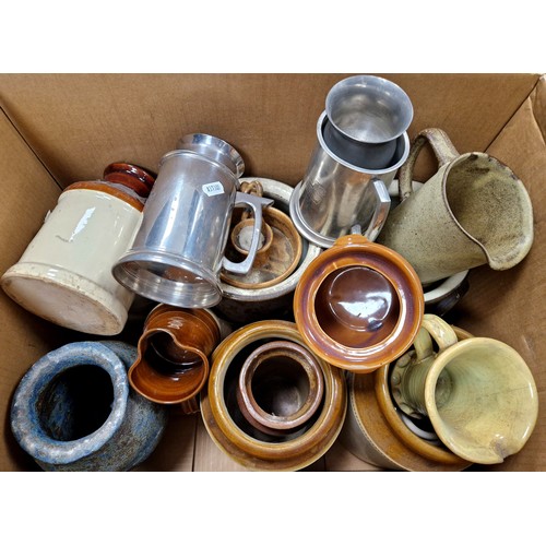 352 - Stoneware jugs, pots, pewter tankards, etc