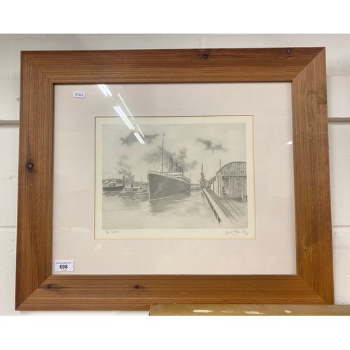 698 - Dorothy Bruce signed harbour scene, Titanic signed limited edition print 163/1000, and two other pic...