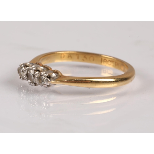 133 - 18ct gold ring set with three diamonds, 2.2g, ring size J