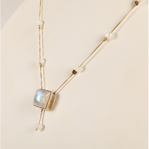 149 - Yellow metal chain necklace with 9K marked clasp, a moonstone set pendant and beads, 6.65g