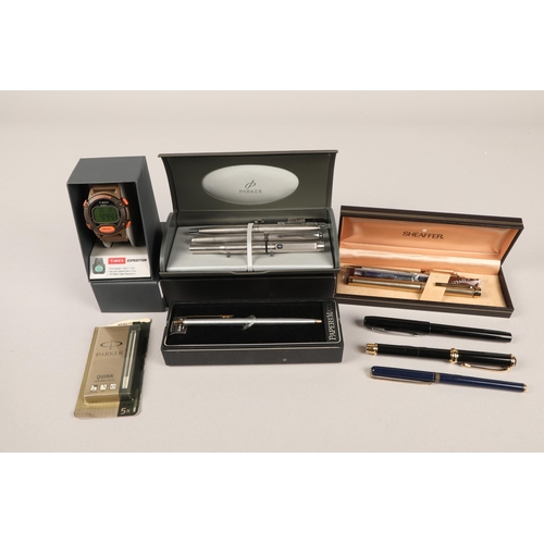 99 - Timex Expedition wristwatch in original box, and a collection of pens to include Sheaffer gold plate... 