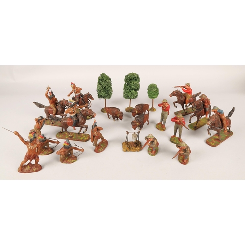 257 - O&M Hauser Elastoline toy soldier set of Native American Indians and colonists with accessories