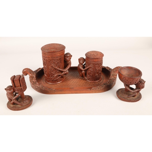 280 - Eastern carved wood smoking set with monkey design