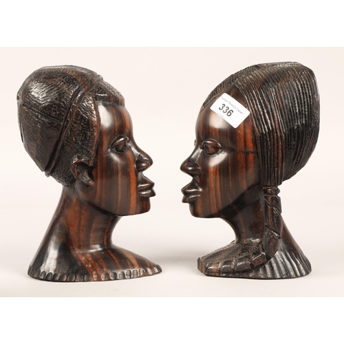 336 - Pair carved African busts with Carlton Ware dish and jug