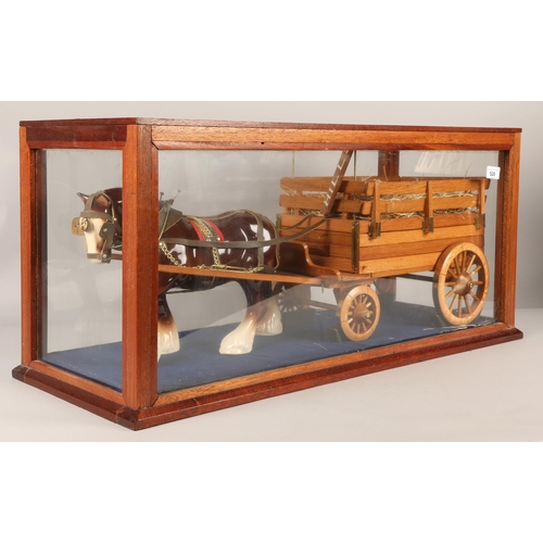 526 - Horse and wagon cart inside glass vitrine display case, 83cm x 32cm x 38cm