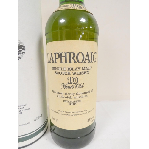 59 - Laphroaig 10 years old single Islay malt scotch whisky, 1 Litre, 43% vol, tubed.