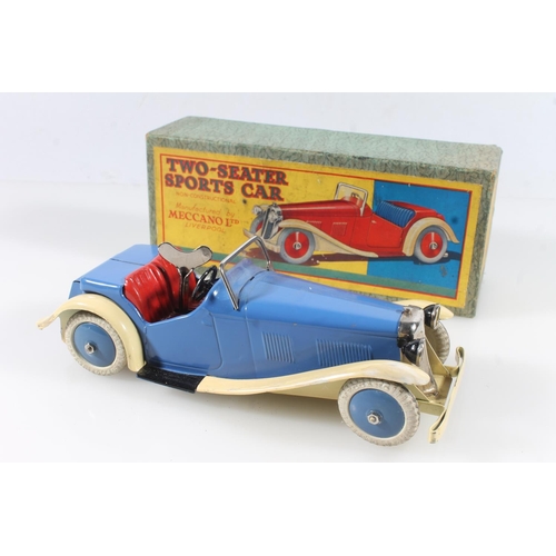 1409 - Meccano Ltd of Liverpool, M223 Two Seater Sports Car Clockwork, blue body with cream trim, red inter... 