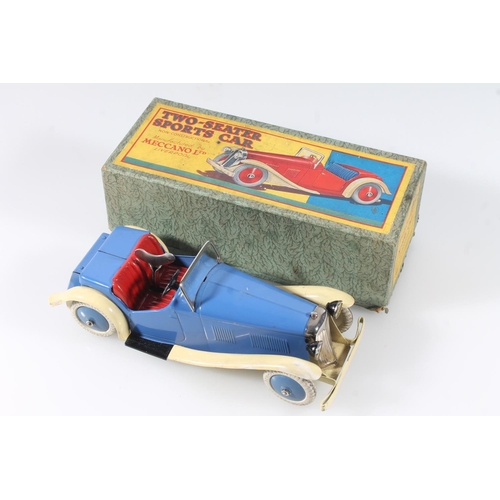 1409 - Meccano Ltd of Liverpool, M223 Two Seater Sports Car Clockwork, blue body with cream trim, red inter... 