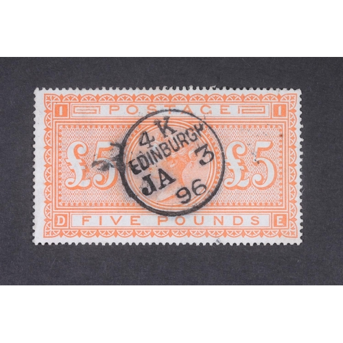 1502 - GREAT BRITAIN GB Queen Victoria QV five pound £5 orange stamp, plate 1, DE, CDS for Edinburgh Januar... 