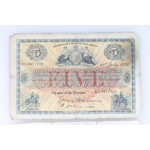 1532 - THE UNION BANK OF SCOTLAND LIMITED, two £5 five pound banknotes 10th July 1939 D347/012 and 29... 