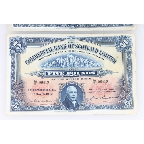 1552 - THE COMMERCIAL BANK OF SCOTLAND LIMITED, two £5 five pound banknotes, 3rd March 1942, 14/A 19259 and... 