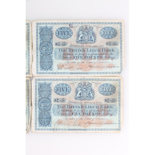 1575 - THE BRITISH LINEN BANK, four £5 five pound banknotes, 1942, Mackenzie and the accountants whic... 