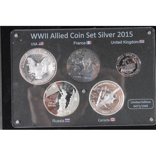 1640 - Coin set, The WWII Allied Coin Set Silver 2015 comprising UNITED KINGDOM fine silver twenty pounds &... 