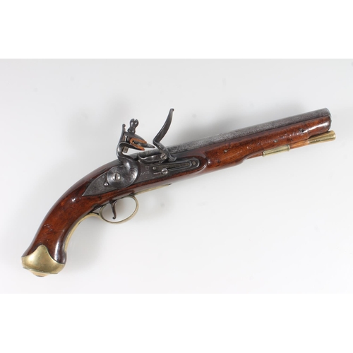 1834 - Antique flintlock pistol by Nock having 23cm long unsighted tapering circular section barrel, mahoga... 