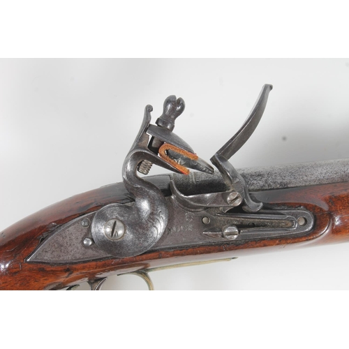 1834 - Antique flintlock pistol by Nock having 23cm long unsighted tapering circular section barrel, mahoga... 