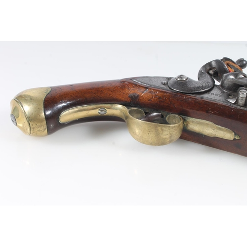 1834 - Antique flintlock pistol by Nock having 23cm long unsighted tapering circular section barrel, mahoga... 